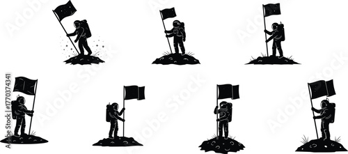 Astronaut silhouettes with flags, space exploration illustration, moon landing artwork, cosmic discovery design, futuristic science vector, planetary achievement artwork, flat vector