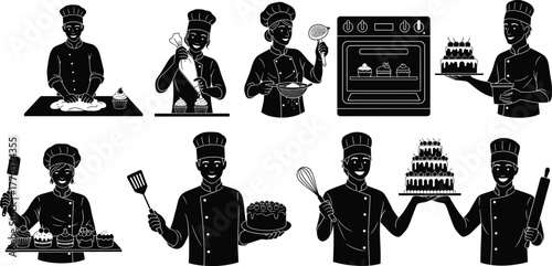 Baking chef silhouettes, pastry cooking illustration, cake decorating artwork, culinary kitchen design, bakery profession vector, food preparation artwork, flat vector