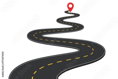 Route Map and Navigation Vector with GPS Pin,  Curved road illustration highlighting travel direction, outdoor journey planning, and transportation design