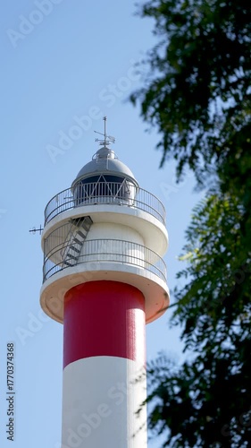 Video of the top of the famous El Rompido lighthouse on the coast of Huelva. Slow motion. 4K. 50 fps.