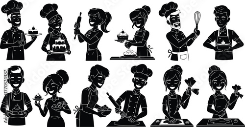 Cartoon bakers illustration, pastry chef characters, cake decorating artwork, cupcake baking design, culinary kitchen vector, food preparation artwork, flat vector