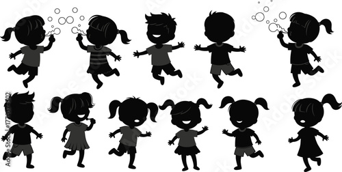 Children playing silhouettes, kids running and blowing bubbles, joyful childhood illustration, outdoor activity artwork, family lifestyle design, flat vector