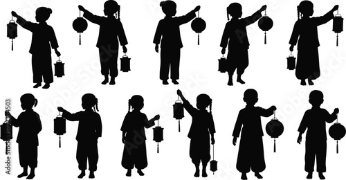 Children with lanterns silhouettes, cultural festival celebration, traditional holiday artwork, lantern parade illustration, festive night design, cultural attire artwork, flat vector