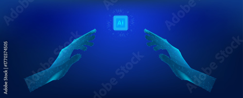 Two hands reaching for a glowing ai chip in a dark blue environment, symbolizing artificial intelligence and technological advancement