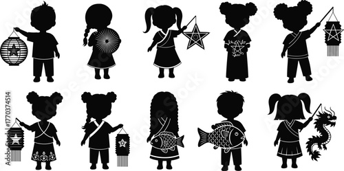 Children with lanterns silhouettes, cultural festival celebration, traditional holiday artwork, lantern parade illustration, festive night design, dragon star fish lanterns, flat vector