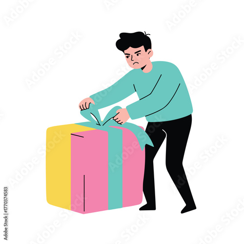 An irritated person in a blue shirt and black pants struggles to wrap a large, colorful gift