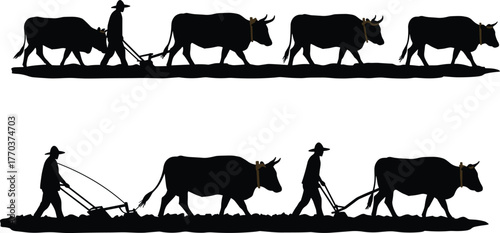 Farmers plowing fields with oxen, traditional agriculture silhouettes, rural village life, manual labor, countryside farming heritage, flat vector illustration design