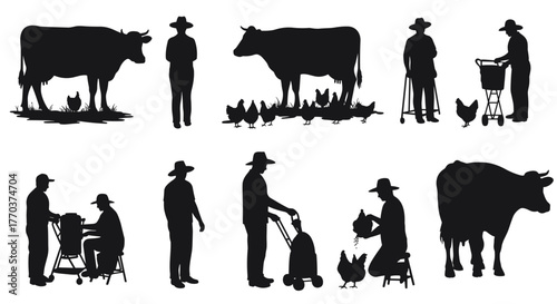 Farmers with cows and chickens, rural agriculture silhouettes, livestock farming activities, countryside village life, traditional farming illustration, flat vector design