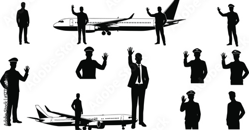 Flat vector aviation silhouettes, airplane and people illustration, pilot crew artwork, passenger travel concept, airport design, air transport industry graphic