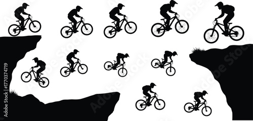 Flat vector bicycle jump, cyclist cliff silhouette, extreme sports artwork, adventure risk concept, mountain biking illustration, challenge overcoming design, motion graphic