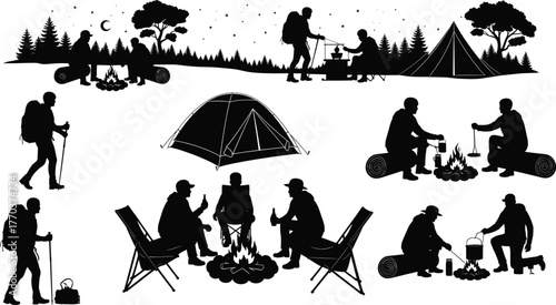 Flat vector camping illustration, outdoor adventure, hiking, campfire cooking, tent, forest night, people relaxing, dog, travel, nature scene