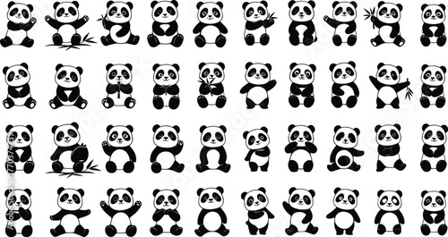 Flat vector cartoon pandas, cute panda characters illustration, playful animal poses artwork, bamboo eating design, funny expressions, wildlife mascot concept art