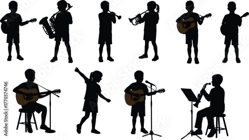 Flat vector children music silhouettes, kids playing instruments illustration, musical performance artwork, education concept design, band concert, creative art graphic