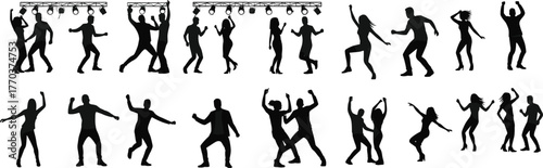 Flat vector dance silhouettes, people dancing illustration, party celebration artwork, concert stage design, music festival concept, nightlife entertainment graphic art