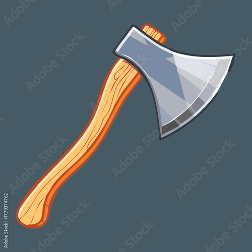 Standard Gray Axe with Long Wooden Handle Vector Cartoon Illustration for Cutting Wood and Outdoor Equipment