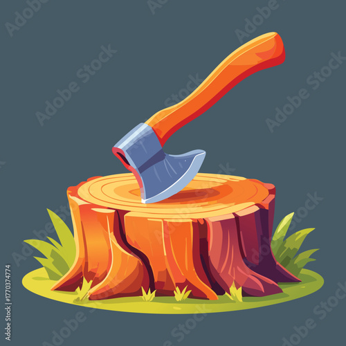 Simple Single Bladed Axe Sticking in Log or Tree Stump Vector Cartoon Illustration for Lumberjack Tool
