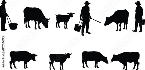 Flat vector farming silhouettes, people with cows illustration, rural agriculture artwork, livestock care design, village life concept, farmer cattle graphic
