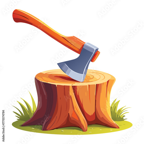Bright Orange Axe on Tree Stump with Green Grass Vector Illustration for Outdoor Log Splitting Equipment