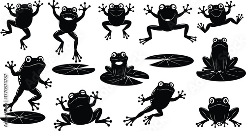 Flat vector frog silhouettes, cartoon amphibian illustration, jumping frogs artwork, lily pad design, wildlife concept, animal movement, pond life graphic
