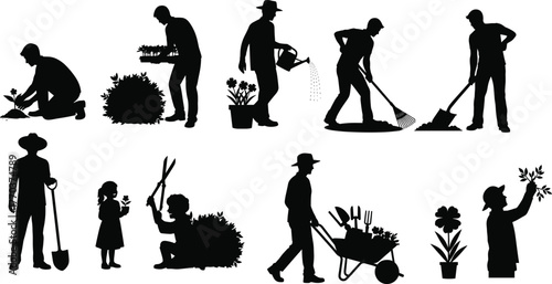 Flat vector gardening silhouettes, planting, watering, raking, shoveling, trimming, wheelbarrow, family activity, outdoor work, horticulture, plants, teamwork, nature care, growth