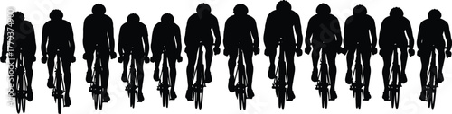 Flat vector silhouette cyclists, group cycling race, professional riders in motion, competitive sports teamwork, endurance training, fitness lifestyle, outdoor activity illustration