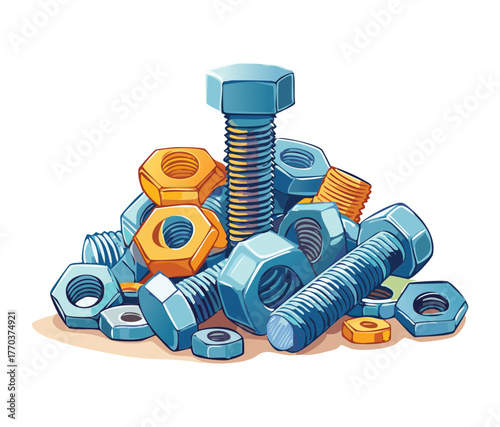 Pile of Blue Bolts and Orange Hex Nuts Vector Cartoon Illustration for Mechanical Assembly and Repair Components