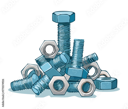 Pile of Blue Metal Bolts and Hex Nuts Vector Cartoon Illustration for Construction, Repair and Industrial Fasteners