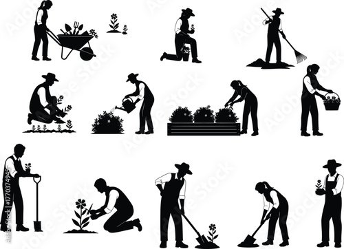 Flat vector silhouette illustration of people gardening, planting, watering, digging, harvesting, farming, rural lifestyle, agriculture, garden tools, outdoor work
