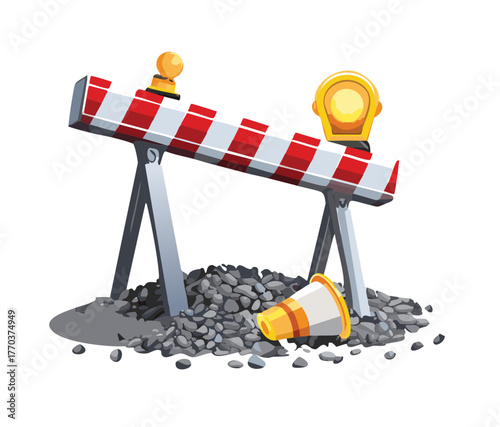 A-Frame Construction Barrier Over Safety Cones and Gravel Pile Vector Cartoon Illustration for Road Repair Symbol