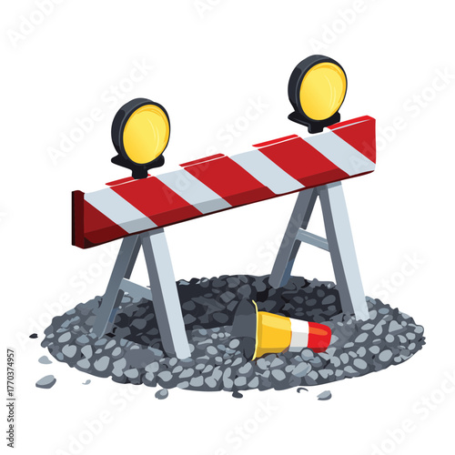 A-Frame Construction Barrier with Red and White Stripes and Beacon Light on Gravel Vector Illustration for Road Work Safety