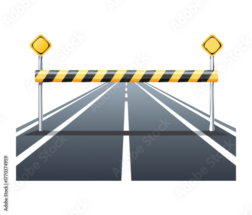 Black and Yellow Striped Barrier Blocking a Bright Empty Highway Vector Illustration for Road Closed or Work Zone Aheadbarrier, black, yellow, striped, blocking, bright, empty, highway, road, closed, 