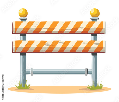 Metal Pipe Construction Barrier with Orange and White Stripes Vector Cartoon Illustration for Temporary Street Blockade