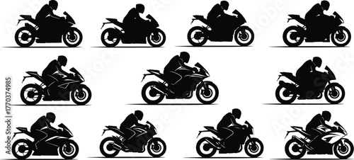 Flat vector silhouette illustration of sport motorcycle riders, motorbike racing posture, biker silhouettes, speed, performance, transportation, adventure, extreme sports