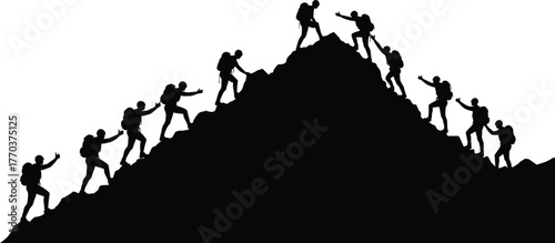 Flat vector silhouettes of hikers climbing mountain, teamwork, adventure, outdoor activity, trekking, mountaineering, perseverance, challenge, success, lifestyle illustration