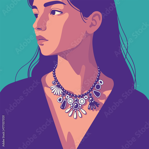 A stylish portrait of a woman with long dark hair, wearing a necklace against a teal background. Geometric style
