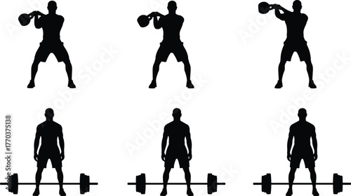 Flat vector silhouettes of man exercising with kettlebell, barbell, gym workout, strength training, fitness poses, bodybuilding, weightlifting, exercise illustration