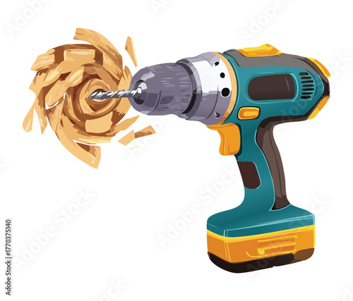 High-Torque Cordless Drill Machine Cutting Through Wood Material Creating Explosive Wood Shavings Effect