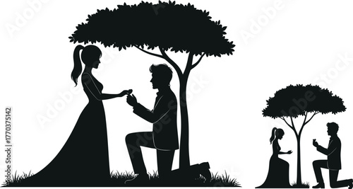 Flat vector silhouettes of marriage proposal, man kneeling, woman accepting ring, romantic couple, love, engagement, relationship, commitment, lifestyle illustration