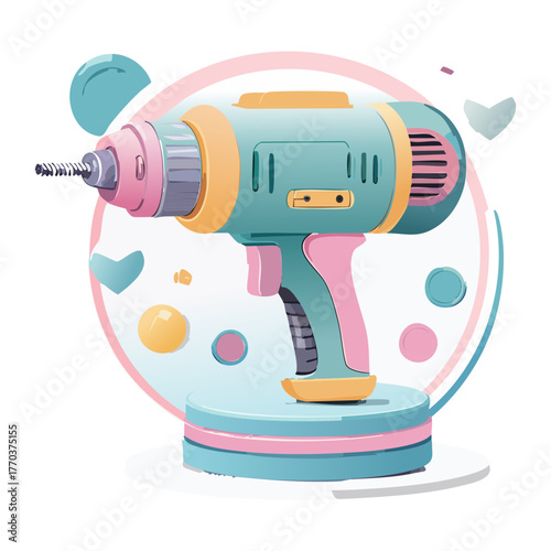 Cute Illustration of a Pink and Teal Power Drill Enclosed in a Glass Dome, Ideal for Home DIY Projects
