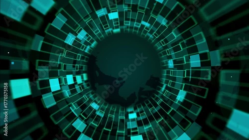 Futuristic Geometric Pattern with Blue Green Digital Tunnel Effect