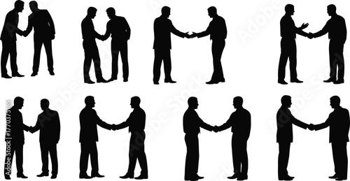 Flat vector silhouettes of people shaking hands, business agreement, partnership, teamwork, greeting, deal, cooperation, professional interaction, success, unity
