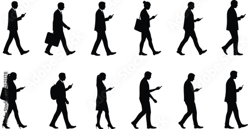 Flat vector silhouettes of people walking, using smartphones, modern lifestyle, technology addiction, urban commuting, business, casual, digital device, illustration