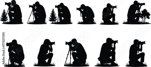 Flat vector silhouettes of photographers taking pictures outdoors, camera tripod, nature photography, hobby, creative profession, photo shoot, lifestyle, equipment