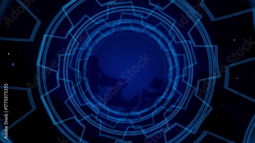 Futuristic Blue Digital Interface with World Map Overlay in Circular Pattern