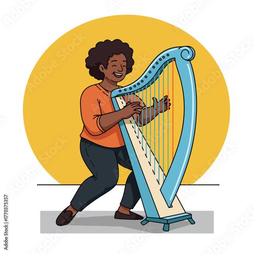 An illustrated woman plays a harp with joy, set against a yellow circle backdrop