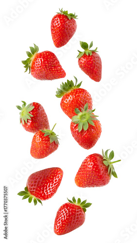 Fresh strawberries falling isolated on transparent background