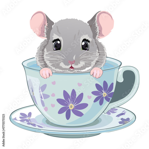 Delightful Baby Cartoon Animal Chinchilla Sitting in a Floral Pattern Tea Cup, Vector Illustration for Children