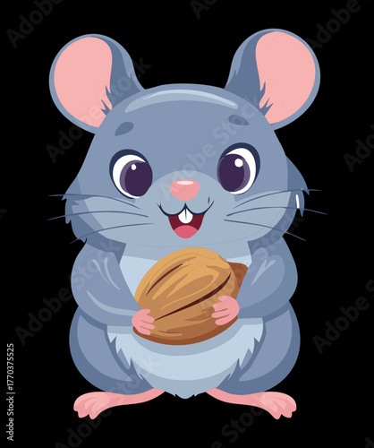 Happy Cartoon Animal Chinchilla Sitting and Holding a Peanut with a Wide Smile, Simple Vector Graphic Art