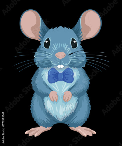 Elegant Cartoon Animal Chinchilla Wearing a Dark Blue Bow Tie Portrait with Grey Fur, Vector Art Illustration