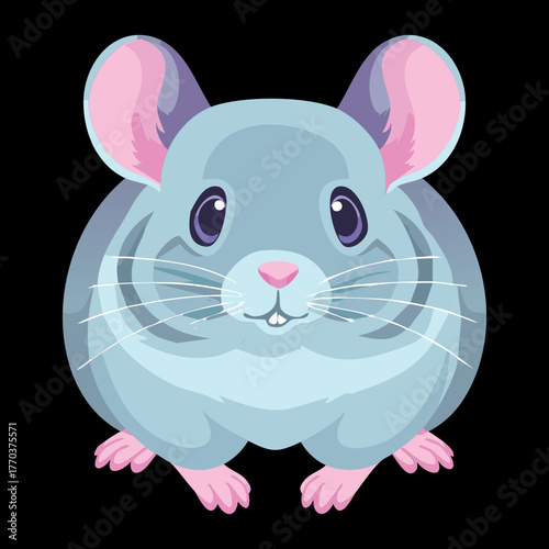 Sweet Cartoon Animal Chinchilla Portrait with Shiny Eyes and Light Grey Fur Looking at the Viewer, Vector Design